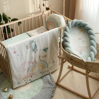 Комплект постільної білизни для новонародженого Райдужний єдиноріг + кокон, колір м'ятний