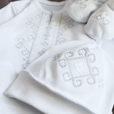 Комплектик святковий для хлопчика сіра вишивка (кофта, штанці, шапочка, пінетки), 68