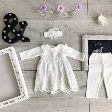 Набір “Ажур” для дівчинки (плаття, лосіни, пінетки, пов'язка) ТМ Little Angel, Білий, 56